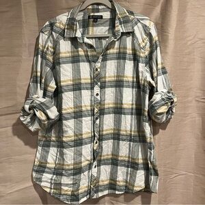 International Concepts Yellow White Black Button Down Plaid Shirt